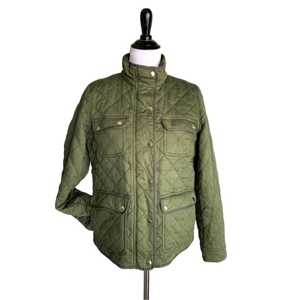 J.Crew Downtown Field Jacket Womens Size Medium Olive Green Quilted Snap Pockets